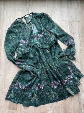 Ted Baker Dark Green Botanical Print Dress with Pink Accents